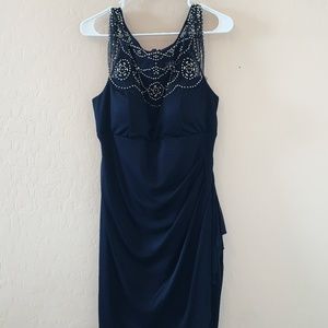 Plus Size 16 XSCAPE Beaded Side-Gathered Navy Blue Dress
